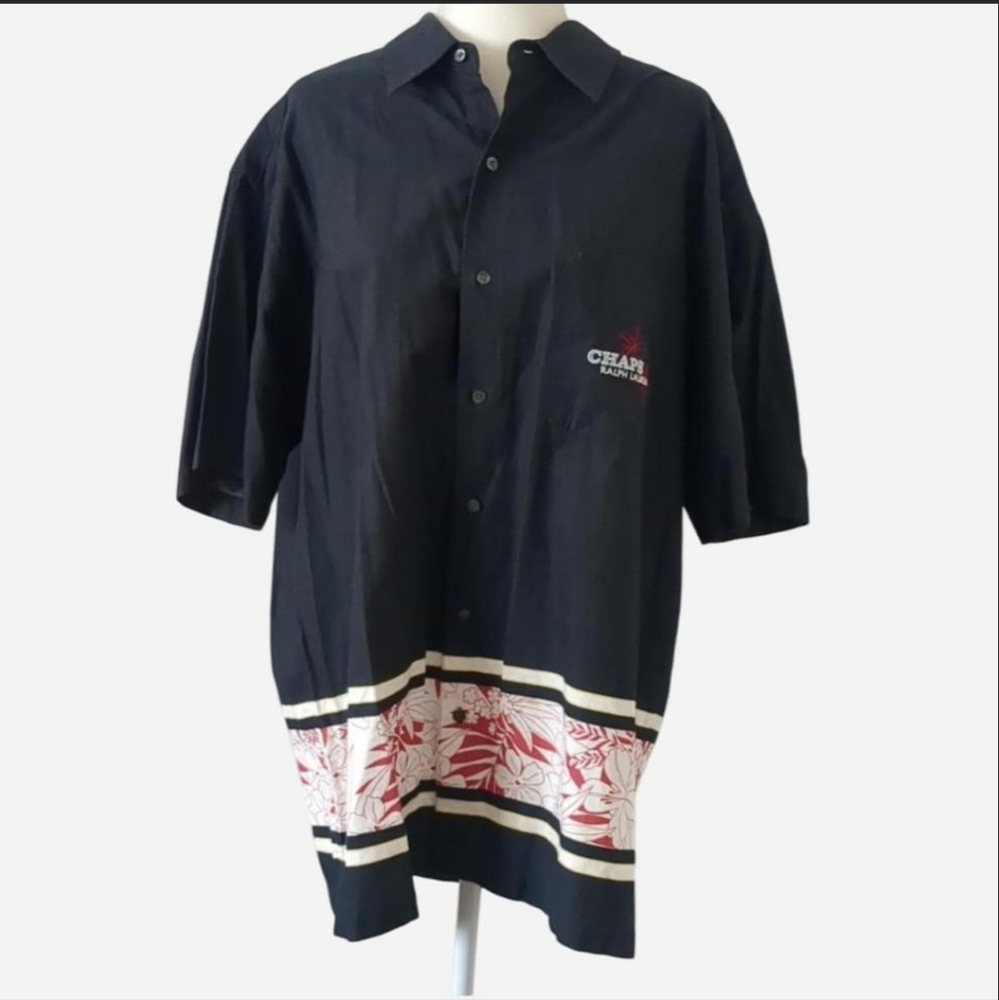 Vtg 90s Chaps Ralph Lauren Navy Blue Hibiscus Floral Border Hawaiian Shirt XL